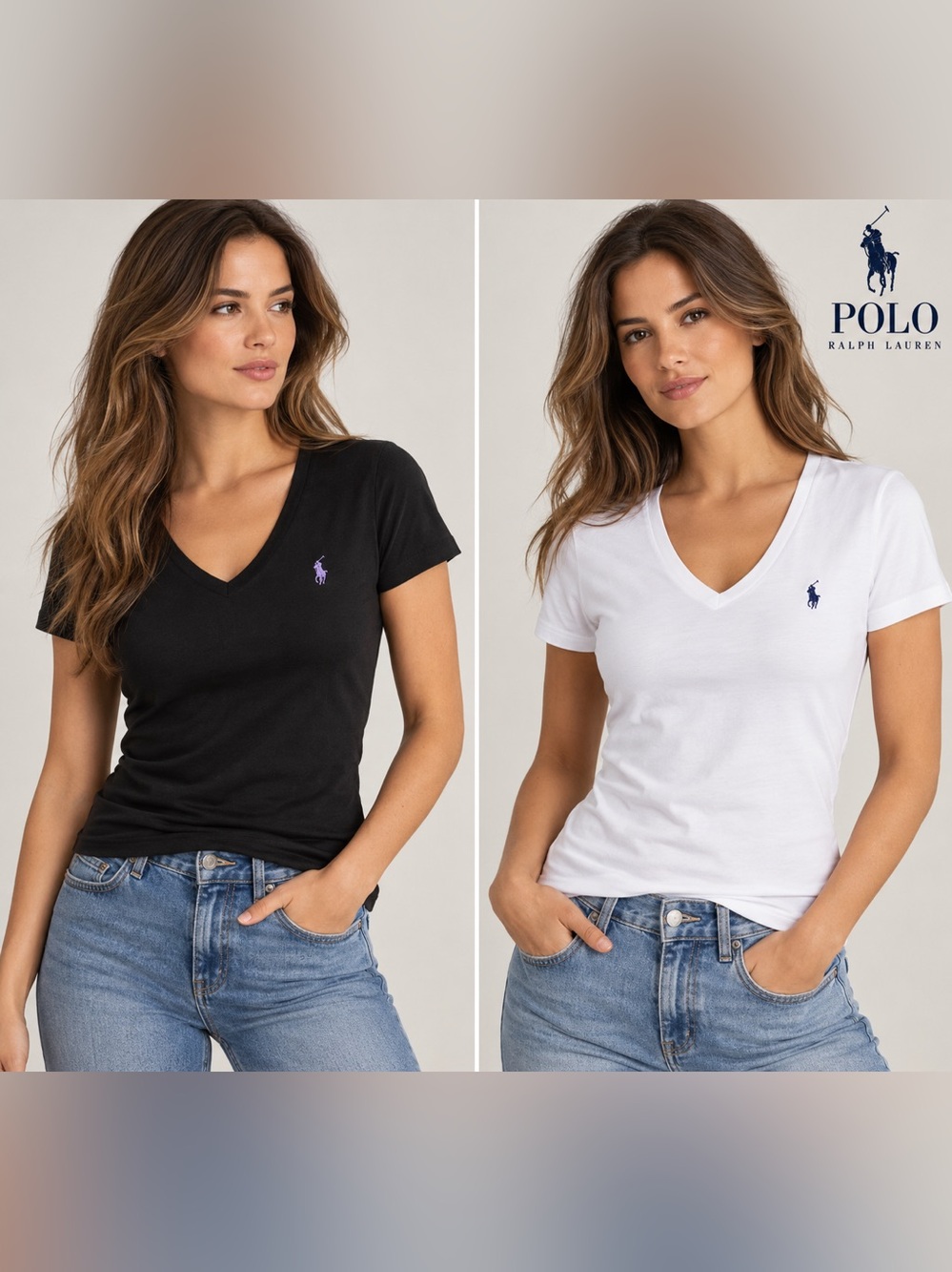👕 Ralph Lauren Women’s Fitted V-Neck T-Shirt Set – Black & White